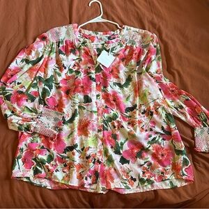 Cynthia Rowley Pink and Green Floral Button-Down Blouse, PLUS 2x, NWT